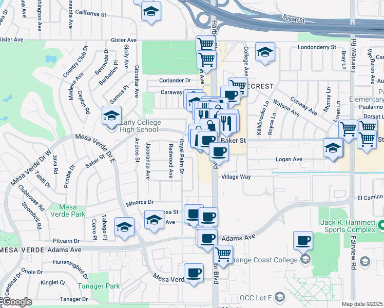 map of restaurants, bars, coffee shops, grocery stores, and more near 2973 Harbor Boulevard in Costa Mesa