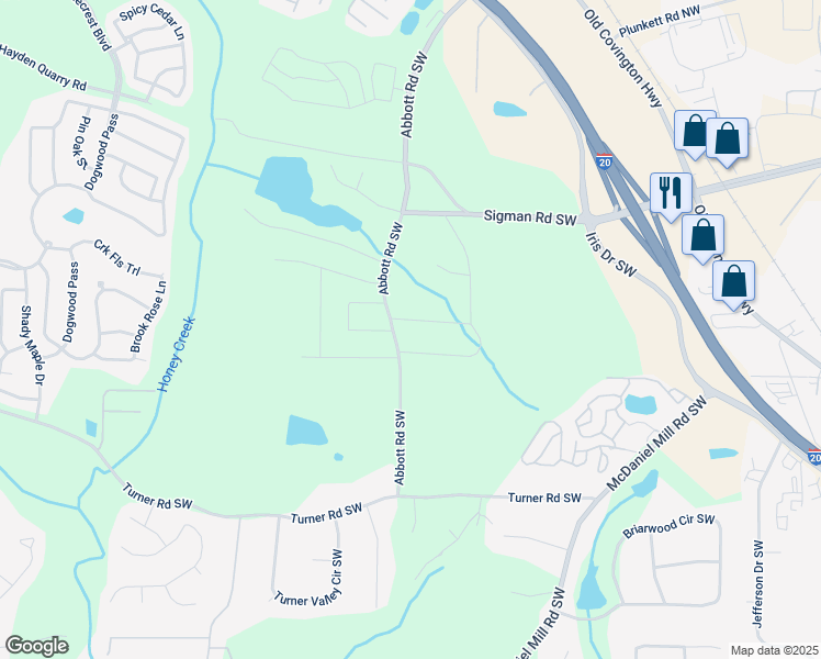 map of restaurants, bars, coffee shops, grocery stores, and more near 2588 Shady Lane Southwest in Conyers