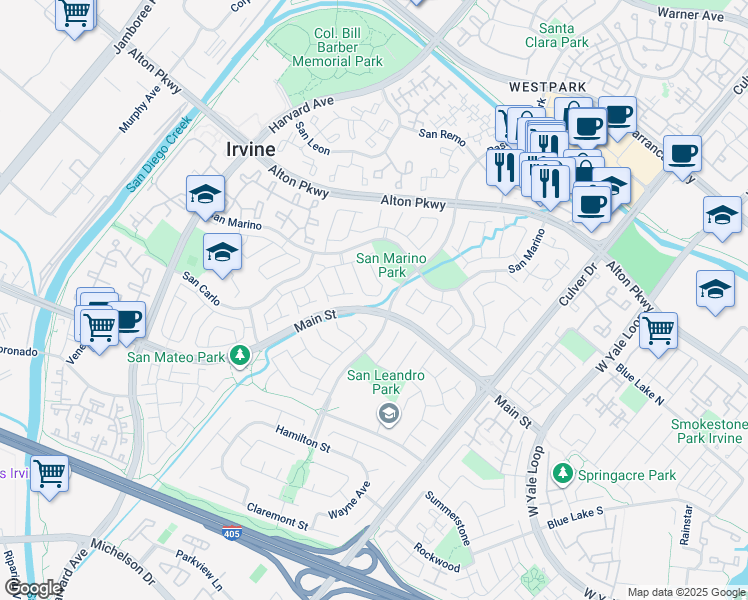 map of restaurants, bars, coffee shops, grocery stores, and more near 29 Almeria in Irvine