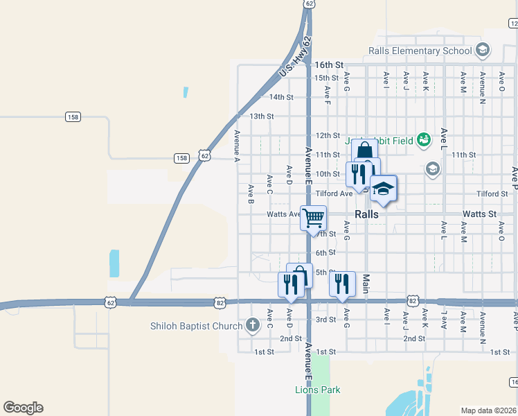 map of restaurants, bars, coffee shops, grocery stores, and more near Ave B in Ralls