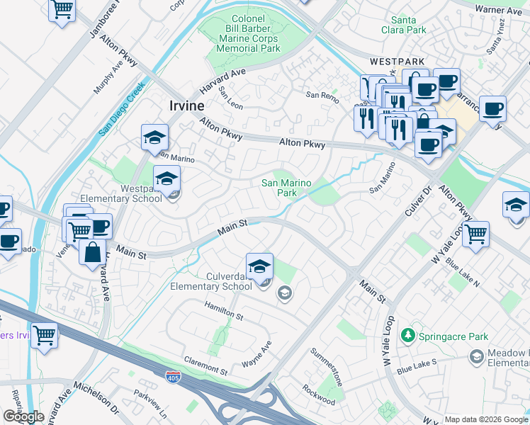 map of restaurants, bars, coffee shops, grocery stores, and more near 21 Almeria in Irvine