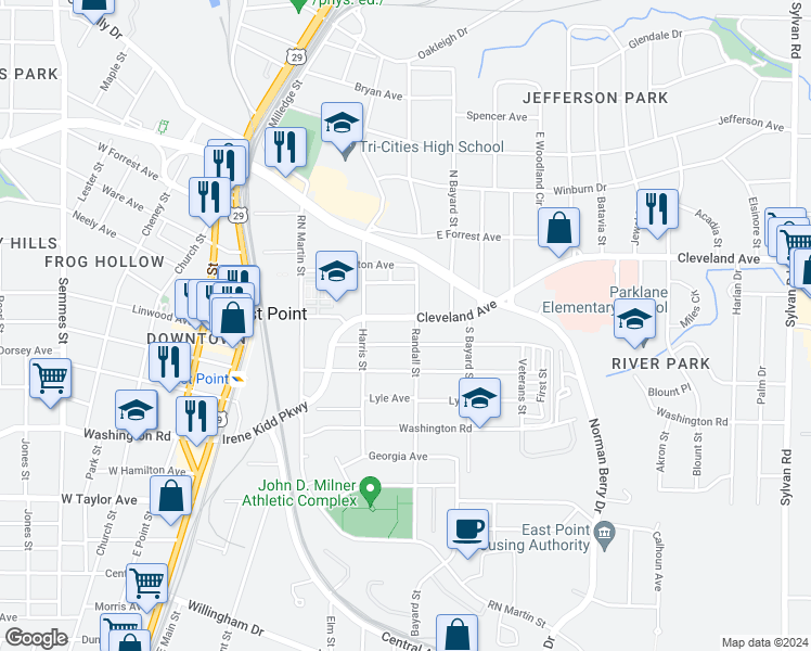 map of restaurants, bars, coffee shops, grocery stores, and more near 1372 Cleveland Avenue in Atlanta