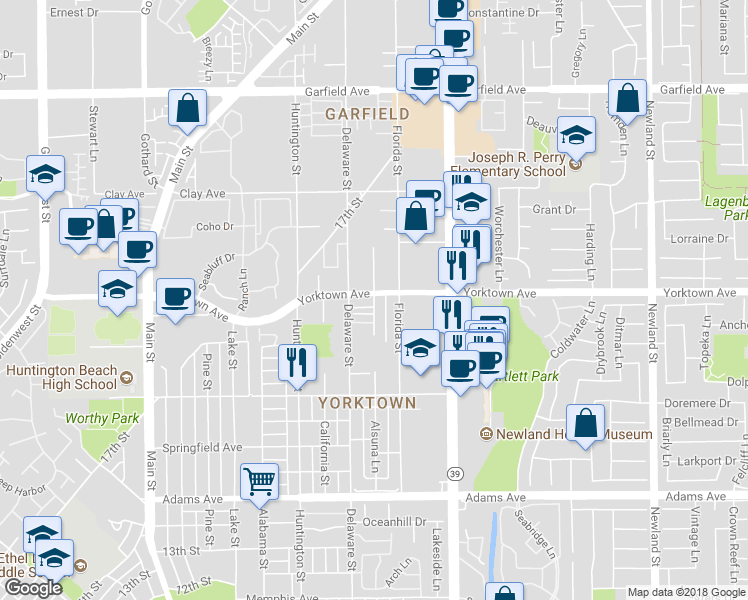 map of restaurants, bars, coffee shops, grocery stores, and more near 2498 England Street in Huntington Beach