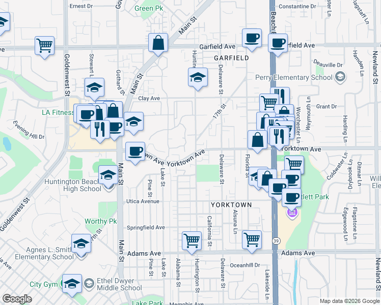 map of restaurants, bars, coffee shops, grocery stores, and more near 19562 Pompano Lane in Huntington Beach