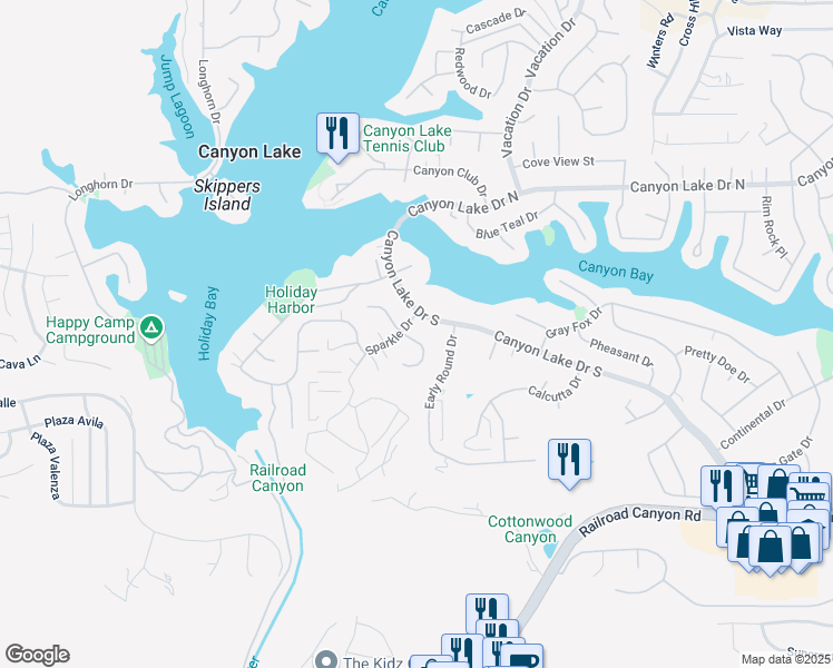 map of restaurants, bars, coffee shops, grocery stores, and more near 22526 Pin Tail Drive in Canyon Lake