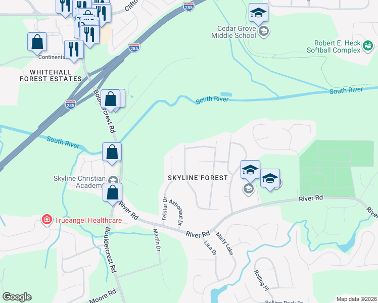 map of restaurants, bars, coffee shops, grocery stores, and more near 2154 Satellite Way in Ellenwood