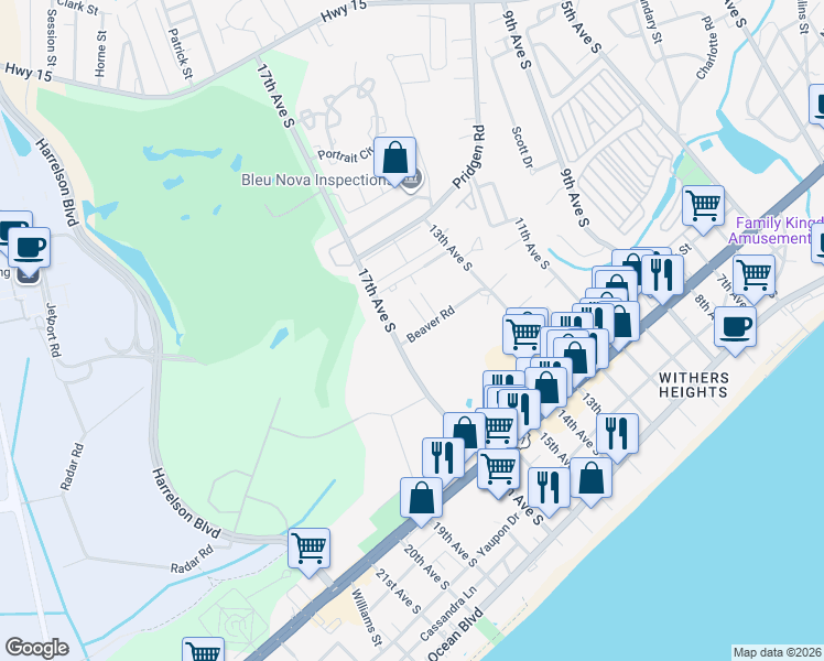 map of restaurants, bars, coffee shops, grocery stores, and more near 800 Jensen Lane in Myrtle Beach