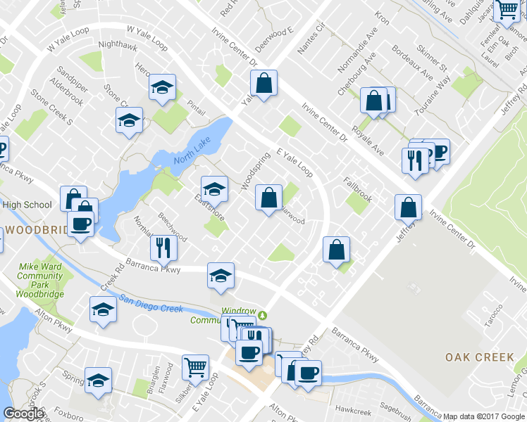 map of restaurants, bars, coffee shops, grocery stores, and more near 21 Northgrove in Irvine