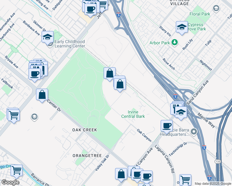 map of restaurants, bars, coffee shops, grocery stores, and more near 61 Post in Irvine