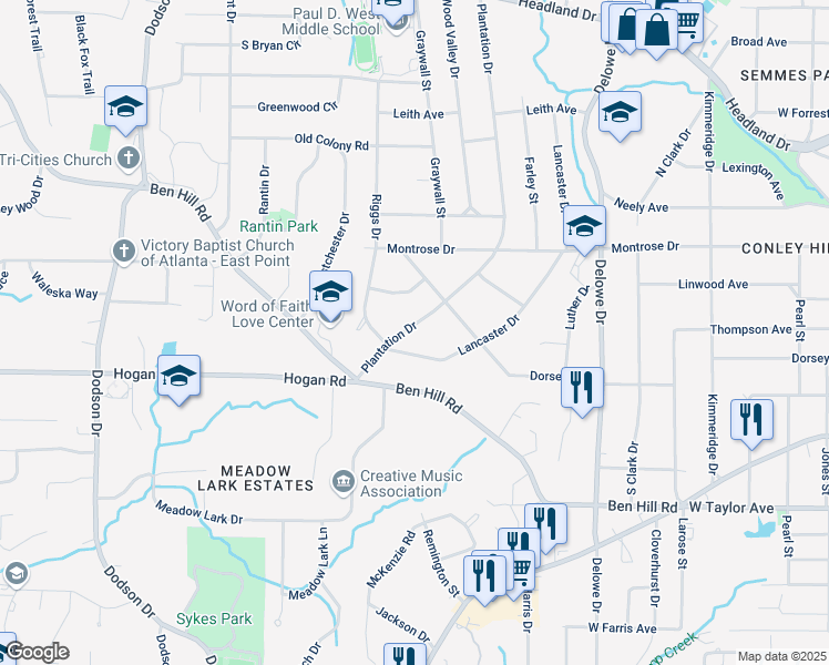 map of restaurants, bars, coffee shops, grocery stores, and more near 2792 Plantation Drive in Atlanta