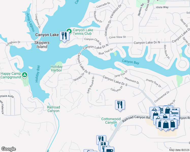 map of restaurants, bars, coffee shops, grocery stores, and more near 22587 Canyon Lake Drive South in Canyon Lake