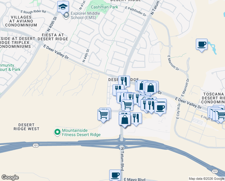 map of restaurants, bars, coffee shops, grocery stores, and more near 21150 North Tatum Boulevard in Phoenix