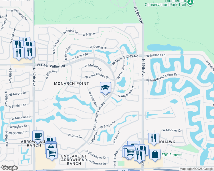 map of restaurants, bars, coffee shops, grocery stores, and more near 6150 West Quail Avenue in Glendale