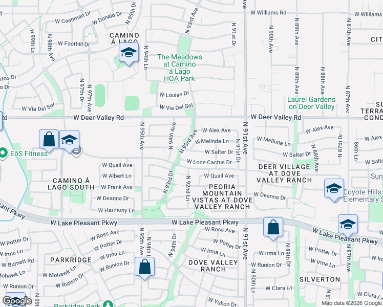map of restaurants, bars, coffee shops, grocery stores, and more near 9251 West Salter Drive in Peoria
