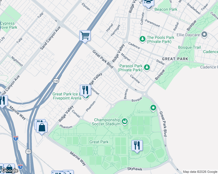 map of restaurants, bars, coffee shops, grocery stores, and more near 5101-5125 F St in Irvine