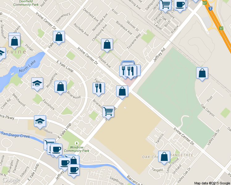 map of restaurants, bars, coffee shops, grocery stores, and more near 98 Eagle Point in Irvine