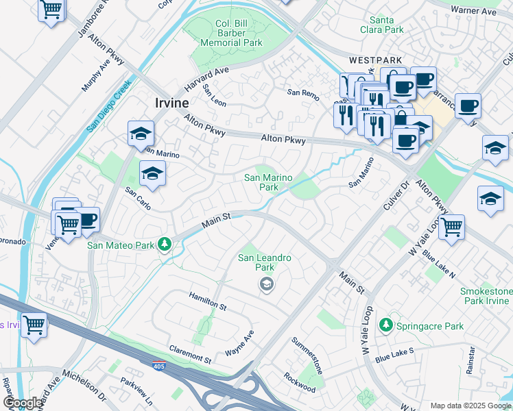 map of restaurants, bars, coffee shops, grocery stores, and more near 24 Bahia in Irvine