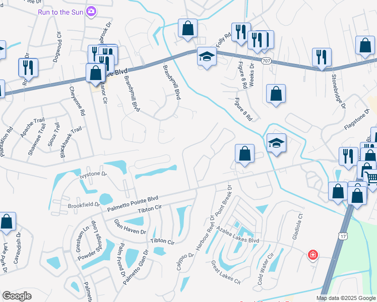 map of restaurants, bars, coffee shops, grocery stores, and more near 144 Olde Towne Way in Myrtle Beach