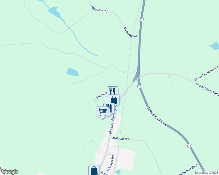 map of restaurants, bars, coffee shops, grocery stores, and more near 660 Meadows Lane in Social Circle