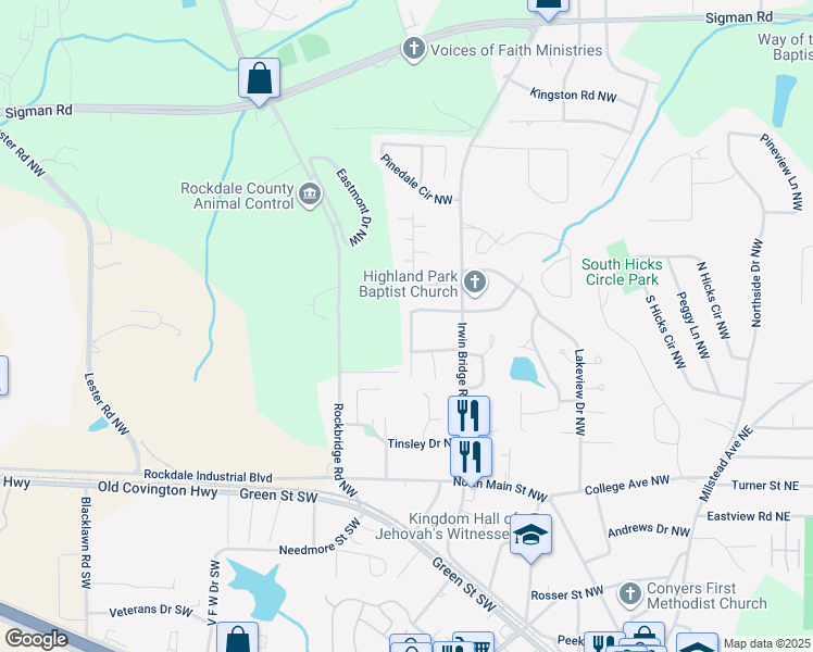 map of restaurants, bars, coffee shops, grocery stores, and more near 1348 Jimi Lane Northwest in Conyers