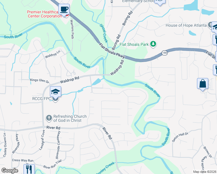 map of restaurants, bars, coffee shops, grocery stores, and more near 3746 Waldrop Creek Court in Decatur