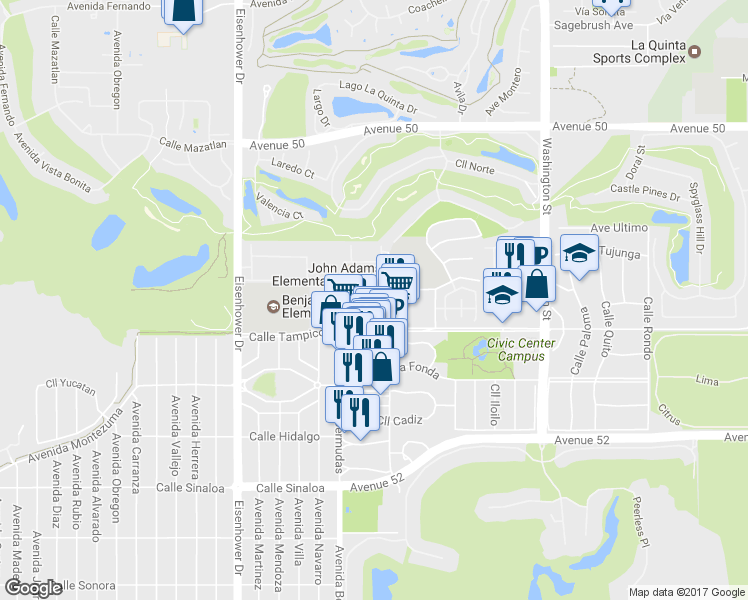 map of restaurants, bars, coffee shops, grocery stores, and more near 50730 Santa Rosa Plaza in La Quinta