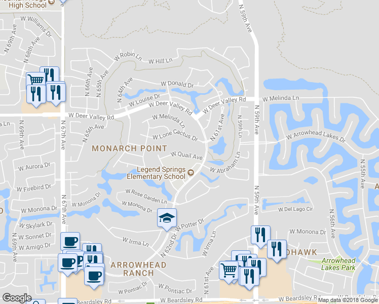 map of restaurants, bars, coffee shops, grocery stores, and more near 6150 West Quail Avenue in Glendale