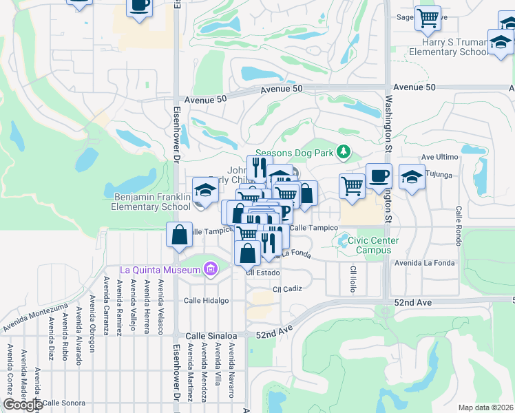 map of restaurants, bars, coffee shops, grocery stores, and more near 50700 Santa Rosa Plaza in La Quinta