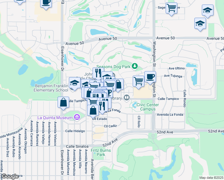 map of restaurants, bars, coffee shops, grocery stores, and more near 78134 Calle Tampico in La Quinta
