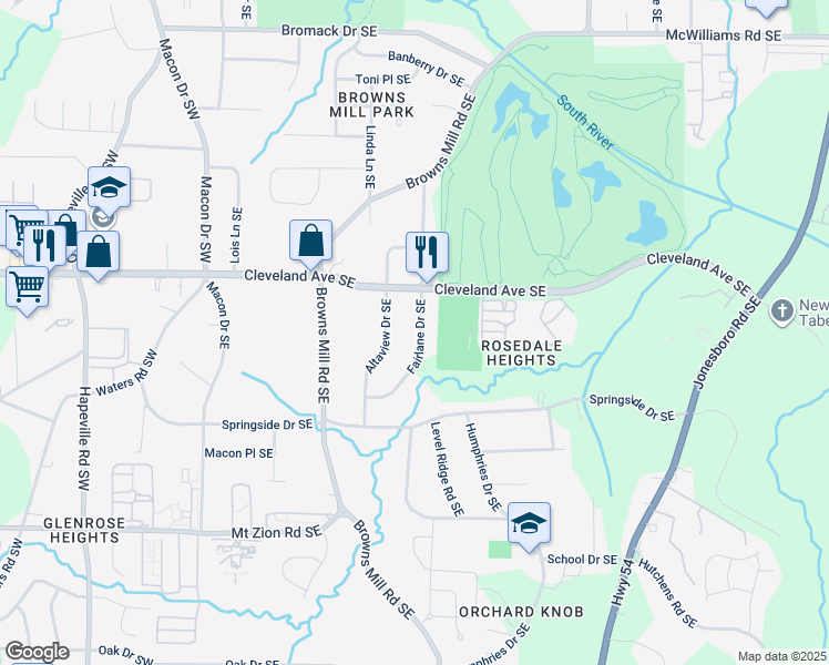 map of restaurants, bars, coffee shops, grocery stores, and more near 2773 Fairlane Drive Southeast in Atlanta