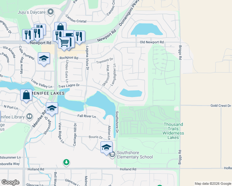 map of restaurants, bars, coffee shops, grocery stores, and more near 30372 Woodbury Circle in Menifee