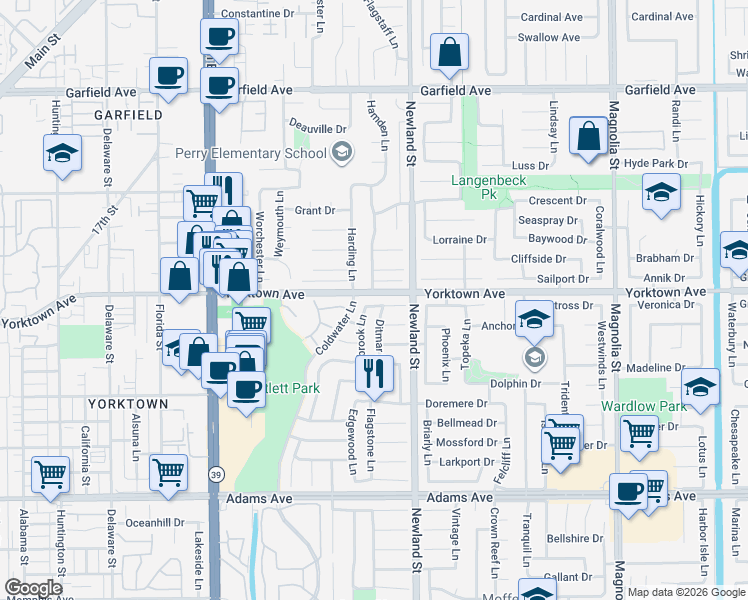 map of restaurants, bars, coffee shops, grocery stores, and more near 8421 Yorktown Avenue in Huntington Beach