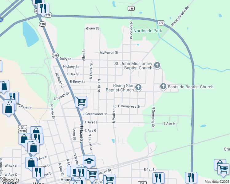 map of restaurants, bars, coffee shops, grocery stores, and more near 1102 North Walker Street in Hope