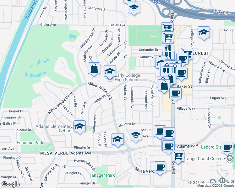 map of restaurants, bars, coffee shops, grocery stores, and more near 2969 Bimini Place in Costa Mesa