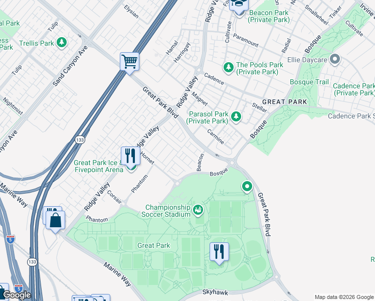 map of restaurants, bars, coffee shops, grocery stores, and more near 5101-5109 G Street in Irvine
