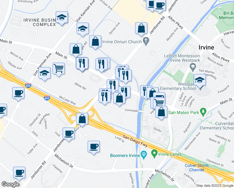 map of restaurants, bars, coffee shops, grocery stores, and more near 12 Park Plaza in Irvine
