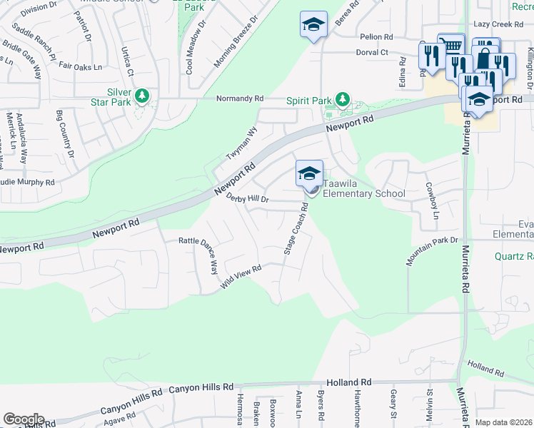 map of restaurants, bars, coffee shops, grocery stores, and more near 30438 Warm Lodge Court in Menifee