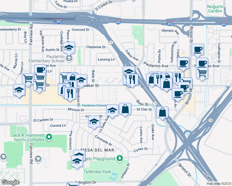 map of restaurants, bars, coffee shops, grocery stores, and more near 945 Brilliance Lane in Costa Mesa