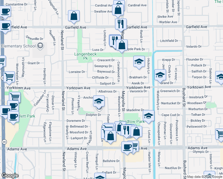 map of restaurants, bars, coffee shops, grocery stores, and more near 8892 Sailport Drive in Huntington Beach
