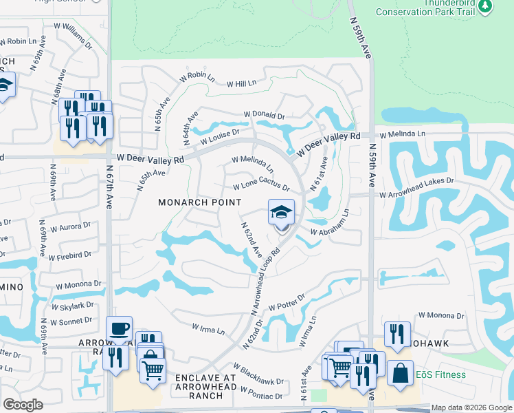 map of restaurants, bars, coffee shops, grocery stores, and more near 6174 West Quail Avenue in Glendale