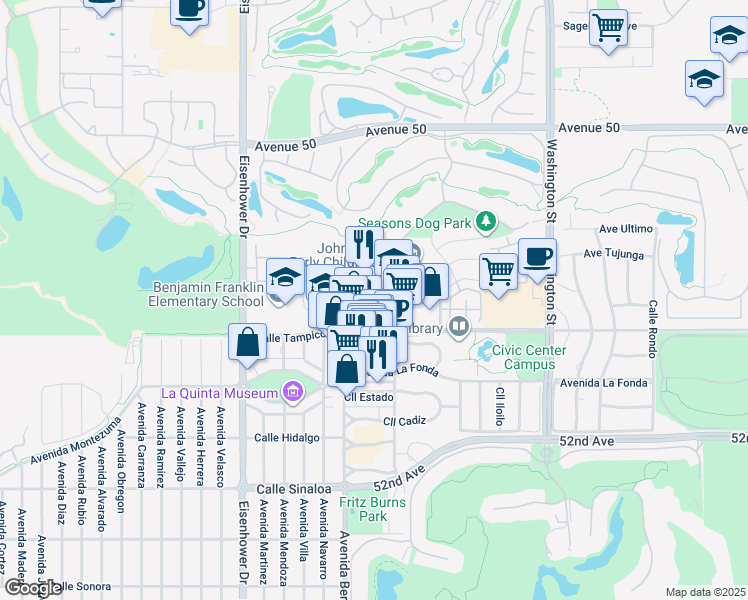map of restaurants, bars, coffee shops, grocery stores, and more near 50730 Santa Rosa Plaza in La Quinta