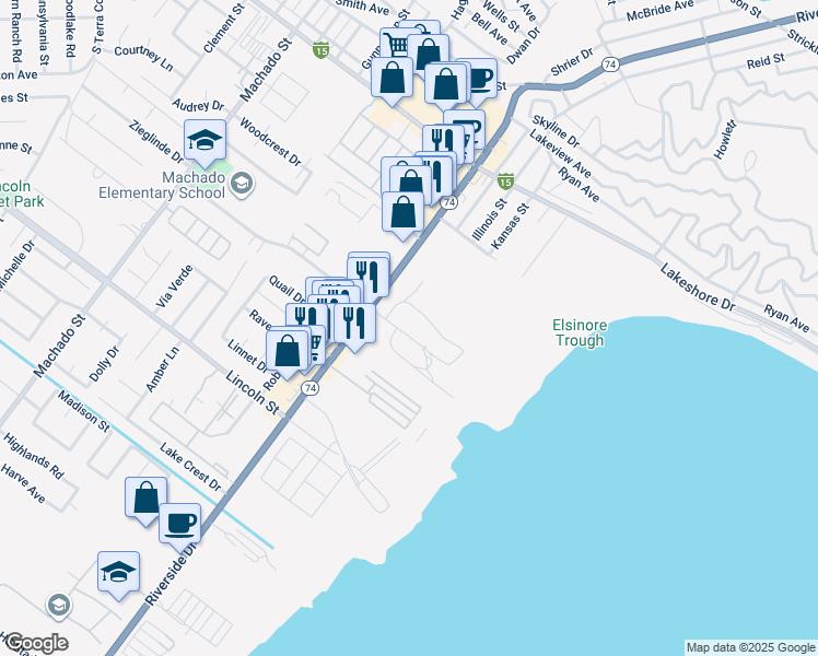 map of restaurants, bars, coffee shops, grocery stores, and more near 16700 Joy Street in Lake Elsinore
