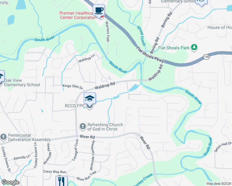 map of restaurants, bars, coffee shops, grocery stores, and more near 3426 Waldrop Road in Decatur
