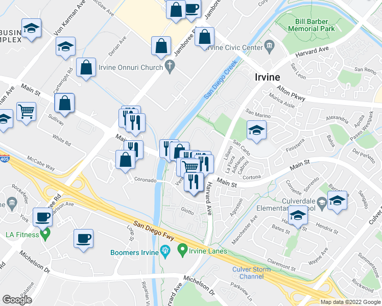 map of restaurants, bars, coffee shops, grocery stores, and more near 943 Veneto in Irvine