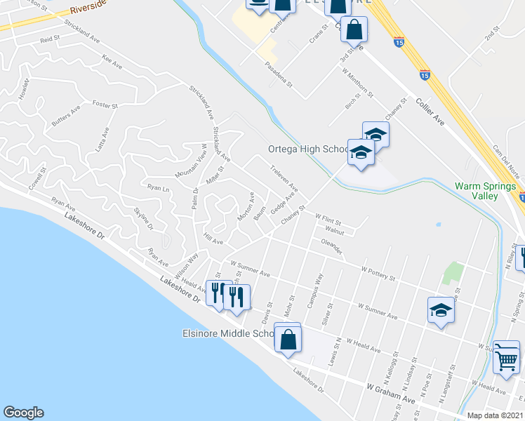 map of restaurants, bars, coffee shops, grocery stores, and more near Baum in Lake Elsinore