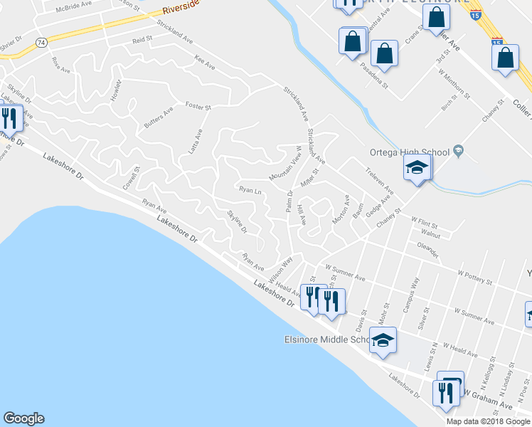 map of restaurants, bars, coffee shops, grocery stores, and more near Ryan Lane in Lake Elsinore