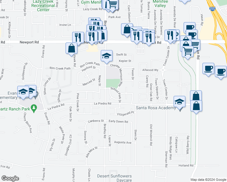 map of restaurants, bars, coffee shops, grocery stores, and more near 27051 Menifee Grove in Menifee