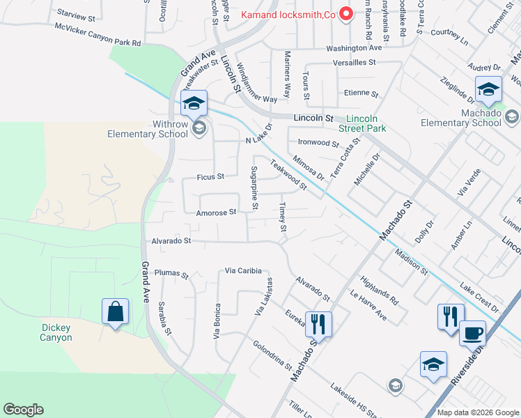 map of restaurants, bars, coffee shops, grocery stores, and more near 30092 Sugarpine Street in Lake Elsinore