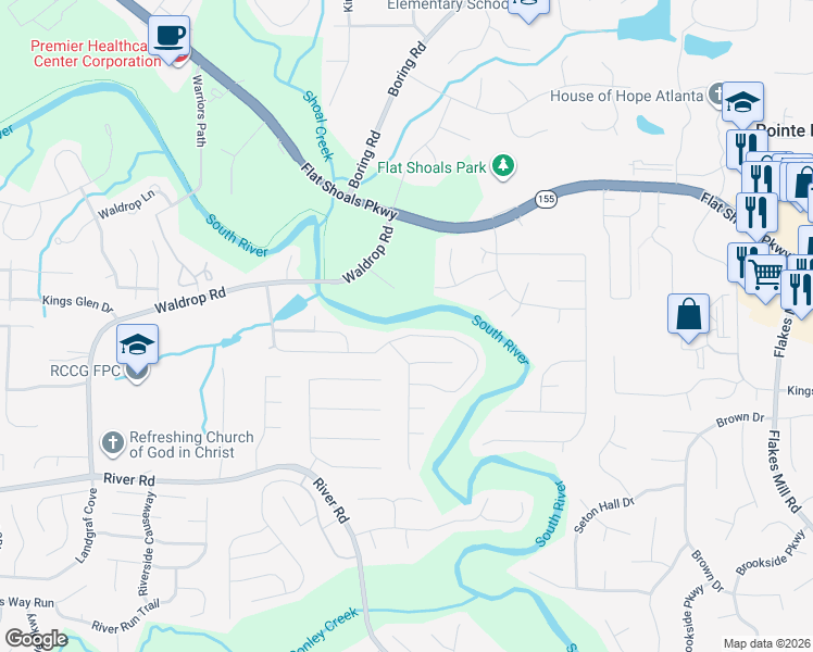 map of restaurants, bars, coffee shops, grocery stores, and more near 3946 Waldrop Hills Drive in Decatur