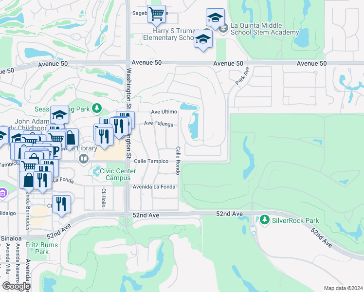 map of restaurants, bars, coffee shops, grocery stores, and more near 78807 Breckenridge Drive in La Quinta
